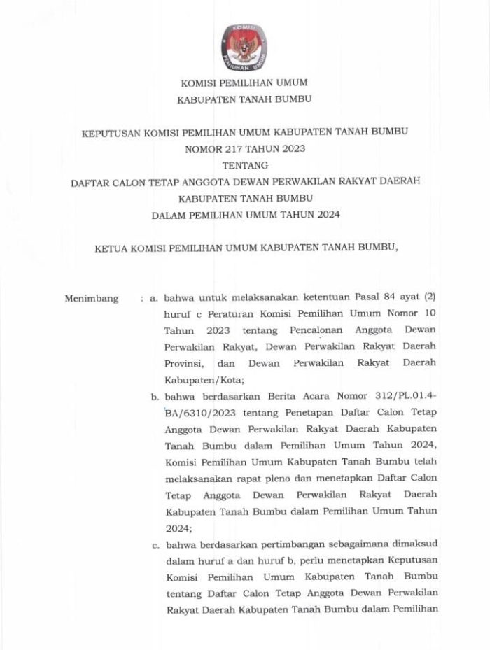 Resmi, KPU Tanbu Tetapkan Daftar Calon Tetap Anggota DPRD