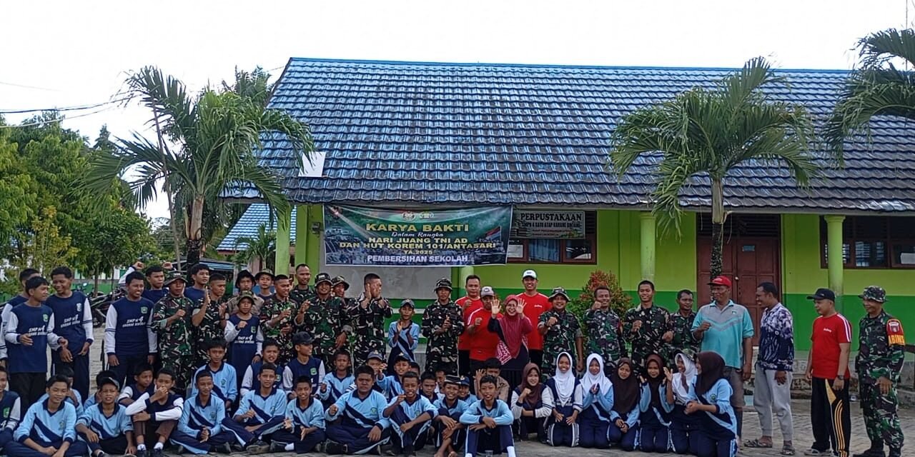 Guna Peringati Hari Juang TNI AD dan HUT Korem 101/Antasari, Jajaran TNI, Pihak Sekolah serta Masyarakat Bersihkan Sekolah
